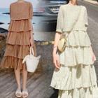 Elbow-sleeve Floral Print Tiered A-line Midi Dress