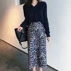 V-neck Sweater / Leopard Print Midi A-line Skirt