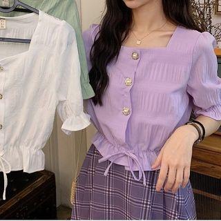 Faux-pearl Button Ruched Short-sleeve Blouse
