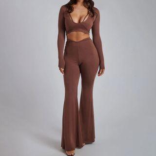 Set: Plain Long Sleeve Cut-out Cropped T-shirt + Plain High-waist Boot-cut Pants