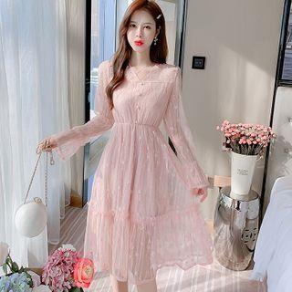 Long-sleeve Plain Mesh Floral Dress
