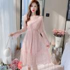 Long-sleeve Plain Mesh Floral Dress