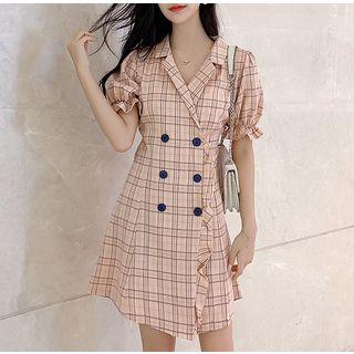 Short-sleeve V-neck Plaid Button Mini Dress