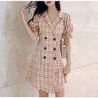 Short-sleeve V-neck Plaid Button Mini Dress