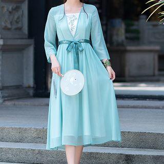 Mock Two-piece Embroidered 3/4-sleeve Midi A-line Dress