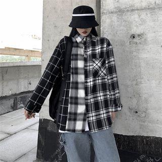 Long-sleeve Paneled Plaid Shirt As Shown In Figure - One Size