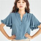 Mandarin-collar Frilled Flutter-sleeve Blouse