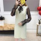 Sleeveless Ruffle Trim Cable Knit Dress / Ruffled Tie-neck Mesh Top