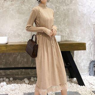 Lace Underlay Drawstring Waist A-line Knit Dress