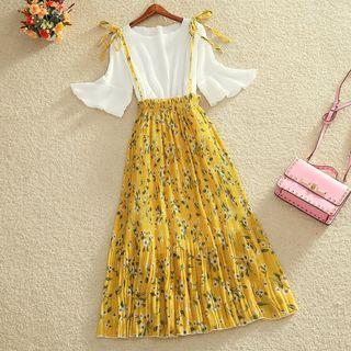 Ribbed Bell Elbow-sleeve Top / Printed Suspender Skirt / Set: Ribbed Bell Elbow-sleeve Top + Printed Suspender Skirt