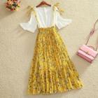 Ribbed Bell Elbow-sleeve Top / Printed Suspender Skirt / Set: Ribbed Bell Elbow-sleeve Top + Printed Suspender Skirt