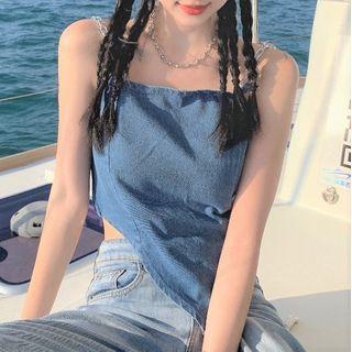 Chain Strap Denim Camisole Top Blue - One Size
