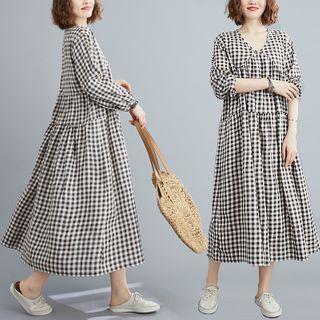 Puff-sleeve Gingham Midi A-line Dress