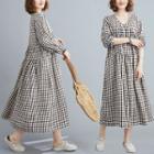 Puff-sleeve Gingham Midi A-line Dress