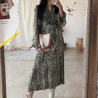 Long-sleeve Snake Print Blouse / Midi Snake Print Pleated Skirt
