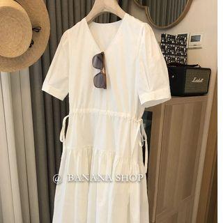 V-neck Plain Embroider Floral A-line Dress
