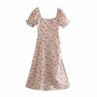 Floral Print Ruffled Trim Short-sleeve Midi A-line Dress