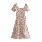 Floral Print Ruffled Trim Short-sleeve Midi A-line Dress