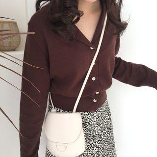 V-neck Long-sleeve Knit Top Coffee - One Size