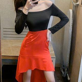 Off-shoulder Two-tone Ruffle Hem Midi Sheath Dress