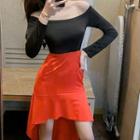 Off-shoulder Two-tone Ruffle Hem Midi Sheath Dress