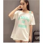 Lettering Cutout Shoulder Elbow-sleeve T-shirt