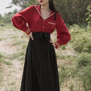 Set: Sailor Collar Blouse + Lace Up Midi Overall Dress