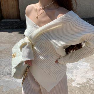 Off-shoulder Cross Strap Long-sleeve Sweater