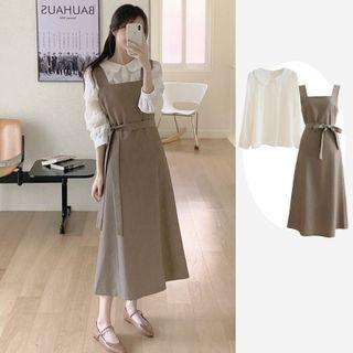 Sashed Midi A-line Overall Dress / Long-sleeve Plain Blouse / Set