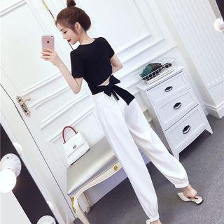 Bow Back Short-sleeve Knit Top / High-waist Cropped Harem Pants / Set