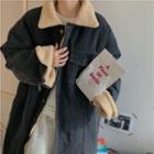 Collared Fleece-lined Maxi Denim Coat Black - One Size