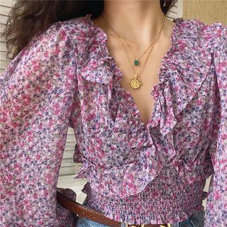 Floral Print Ruffle V-neck Long-sleeve Cropped Blouse