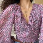 Floral Print Ruffle V-neck Long-sleeve Cropped Blouse
