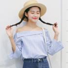 Cold-shoulder 3/4-sleeve Striped Top Blue - One Size