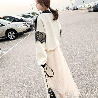 Set: Lace Panel Sweatshirt + Mesh Maxi A-line Skirt