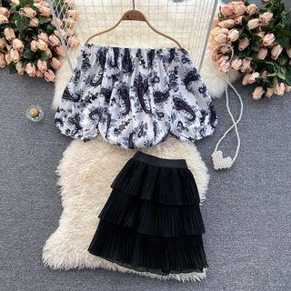 Set Of 2 : Print Off-shoulder Top + Ruched Chiffon Skirt Set - Black & White - One Size