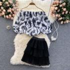 Set Of 2 : Print Off-shoulder Top + Ruched Chiffon Skirt Set - Black & White - One Size