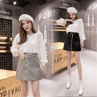 Faux Leather A-line Skirt / Knit Pullover / Set