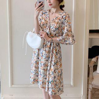 Bell-sleeve V-neck Floral Print A-line Dress