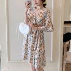 Bell-sleeve V-neck Floral Print A-line Dress