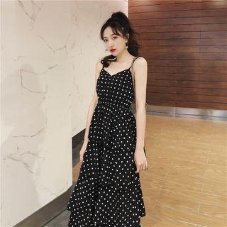 Dotted Spaghetti-strap Layered Maxi A-line Dress