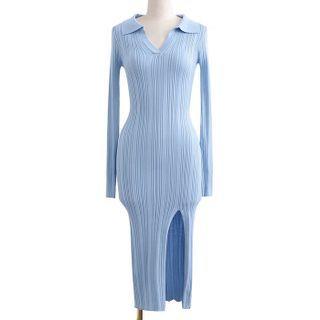 Long-sleeve Collared Knit Bodycon Dress