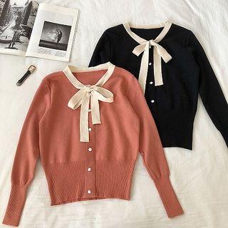 Color-block Trim Lace-up V-neck Long-sleeve Cardigan