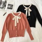 Color-block Trim Lace-up V-neck Long-sleeve Cardigan
