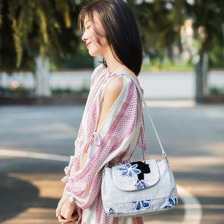 Flower Applique Canvas Crossbody Bag Light Gray - One Size