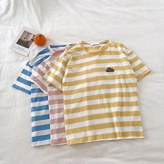 Picture Embroidered Color-block Striped Short-sleeve Top