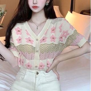 V-neck Color-block Flower Cardigan As Shown In Figure - One Size