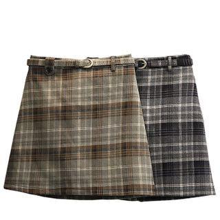 Set: Plaid Mini A-line Skirt + Belt