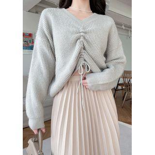 Drawcord-front Ribbed Sweater Mint Green - One Size