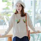 Bee Embroidered Wave Hem Sweater